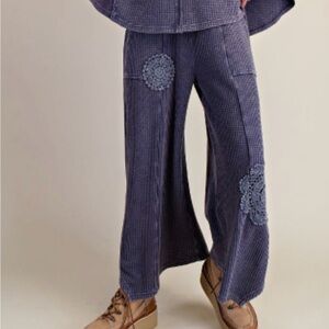 Easel Mineral Wash Thermal Pants with Crochet Accents Midnight Blue Bottoms
